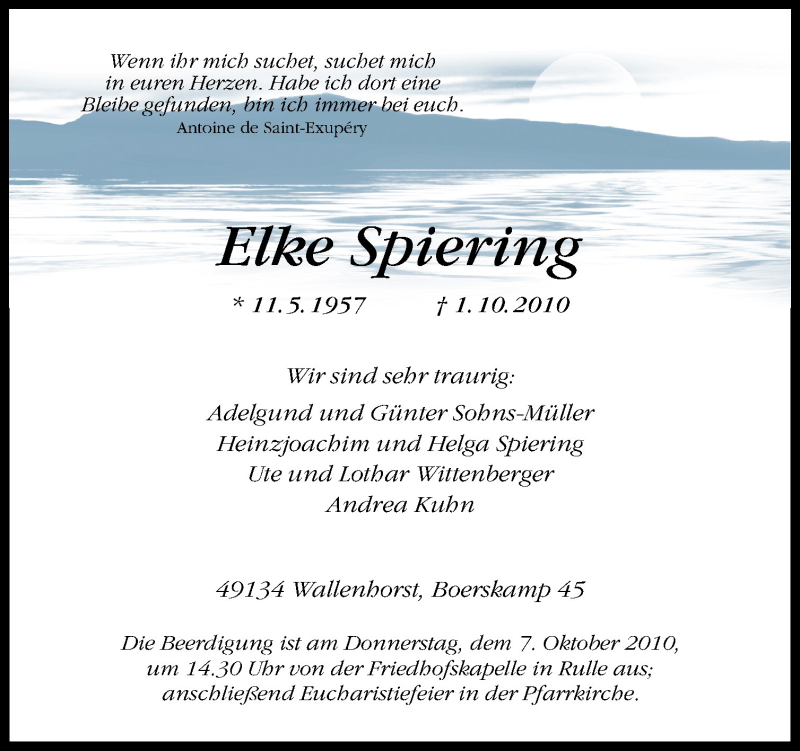  Traueranzeige für Elke Spiering vom 04.10.2010 aus Neue Osnabrücker Zeitung GmbH & Co. KG