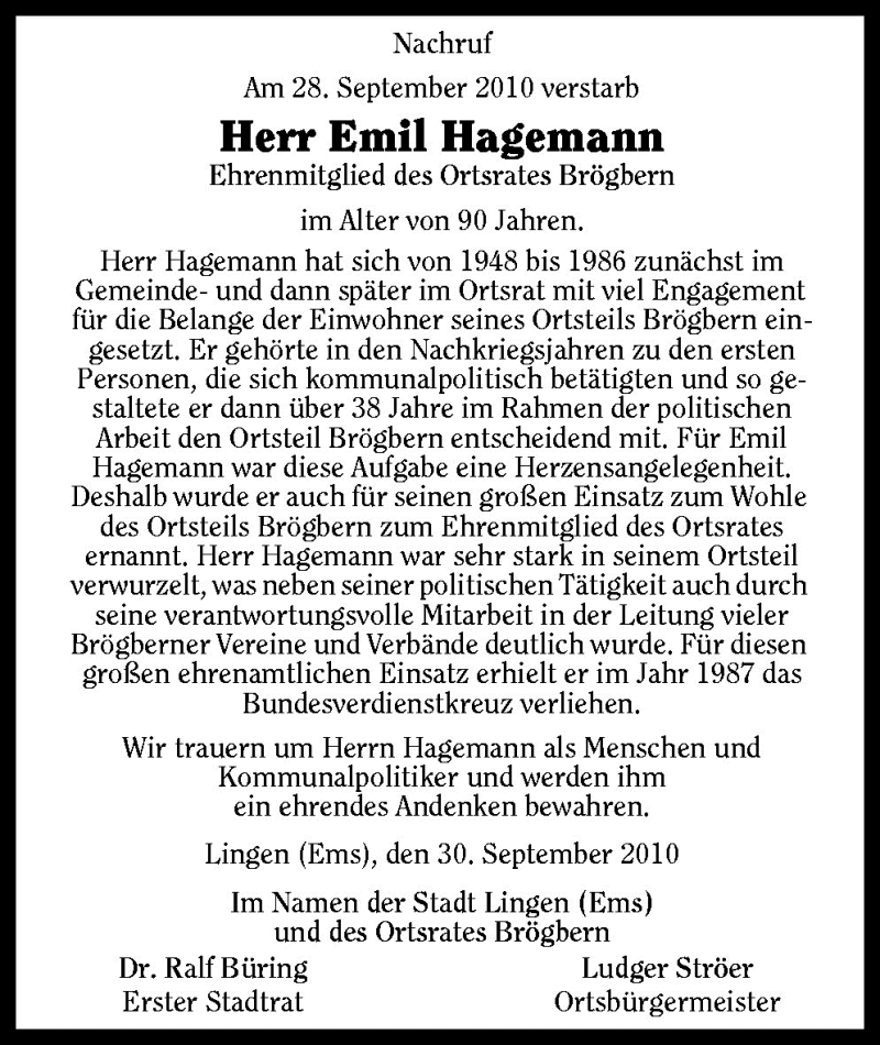  Traueranzeige für Emil Hagemann vom 04.10.2010 aus Neue Osnabrücker Zeitung GmbH & Co. KG