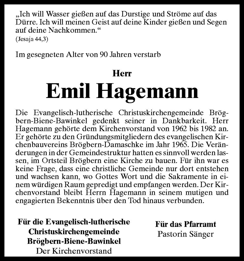  Traueranzeige für Emil Hagemann vom 05.10.2010 aus Neue Osnabrücker Zeitung GmbH & Co. KG