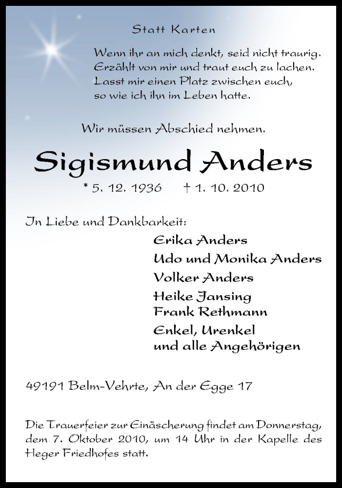  Traueranzeige für Sigismund Anders vom 05.10.2010 aus Neue Osnabrücker Zeitung GmbH & Co. KG