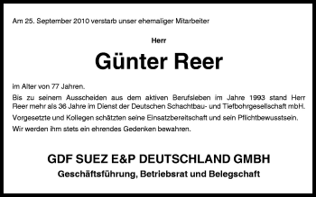 Traueranzeige von Günter Reer von Neue Osnabrücker Zeitung GmbH & Co. KG