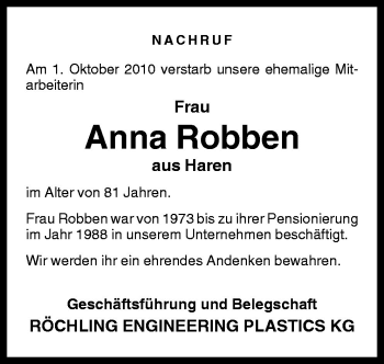 Traueranzeige von Anna Robben von Neue Osnabrücker Zeitung GmbH & Co. KG