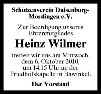 Traueranzeige von Heinz Wilmer von Neue Osnabrücker Zeitung GmbH & Co. KG