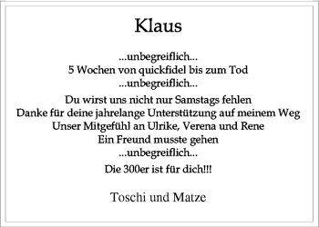Traueranzeige von Klaus  von Neue Osnabrücker Zeitung GmbH & Co. KG