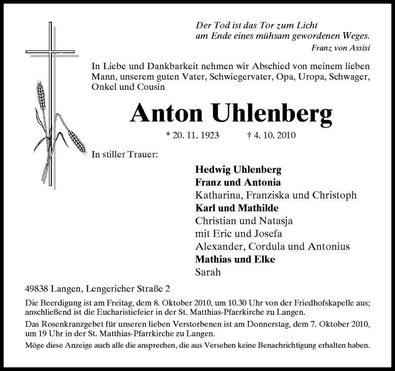  Traueranzeige für Anton Uhlenberg vom 06.10.2010 aus Neue Osnabrücker Zeitung GmbH & Co. KG