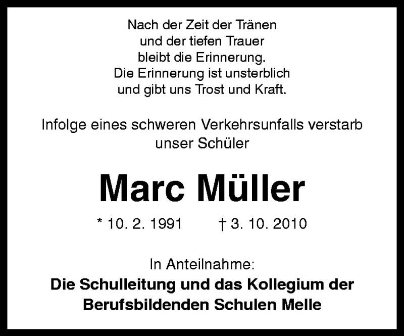  Traueranzeige für Marc Müller vom 07.10.2010 aus Neue Osnabrücker Zeitung GmbH & Co. KG