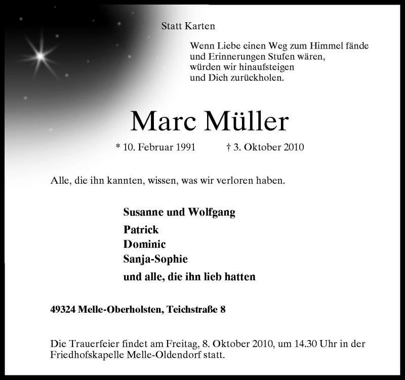  Traueranzeige für Marc Müller vom 06.10.2010 aus Neue Osnabrücker Zeitung GmbH & Co. KG