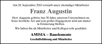 Traueranzeige von Franz Augustin von Neue Osnabrücker Zeitung GmbH & Co. KG