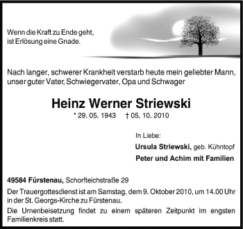 Traueranzeige von Heinz Werner Striewski von Neue Osnabrücker Zeitung GmbH & Co. KG