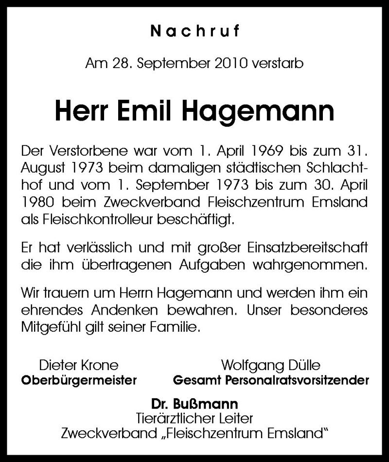  Traueranzeige für Emil Hagemann vom 08.10.2010 aus Neue Osnabrücker Zeitung GmbH & Co. KG