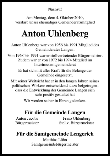 Traueranzeige von Anton Uhlenberg von Neue Osnabrücker Zeitung GmbH & Co. KG
