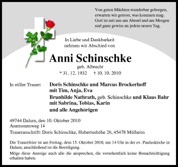 Traueranzeige von Anni Schinschke von Neue Osnabrücker Zeitung GmbH & Co. KG