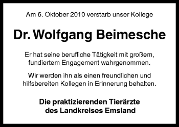 Traueranzeige von Wolfgang Beimesche von Neue Osnabrücker Zeitung GmbH & Co. KG