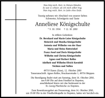 Traueranzeige von Anneliese Königschulte von Neue Osnabrücker Zeitung GmbH & Co. KG