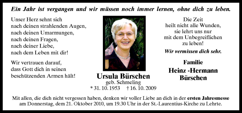  Traueranzeige für Ursula Bürschen vom 16.10.2010 aus Neue Osnabrücker Zeitung GmbH & Co. KG