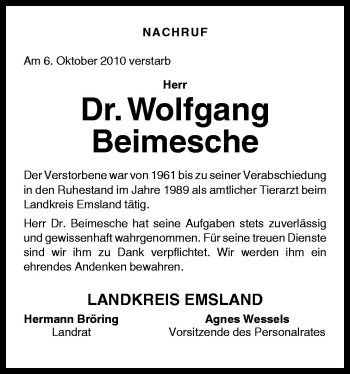 Traueranzeige von Wolfgang Beimesche von Neue Osnabrücker Zeitung GmbH & Co. KG