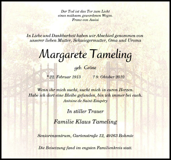 Traueranzeige von Margarete Tameling von Neue Osnabrücker Zeitung GmbH & Co. KG