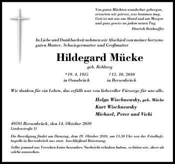 Traueranzeige von Hildegard Mücke von Neue Osnabrücker Zeitung GmbH & Co. KG