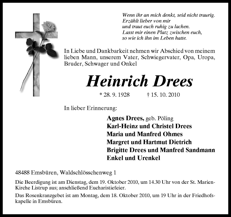  Traueranzeige für Heinrich Drees vom 16.10.2010 aus Neue Osnabrücker Zeitung GmbH & Co. KG