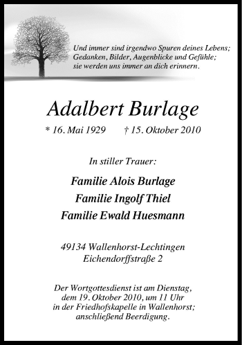 Traueranzeige von Adalbert Burlage von Neue Osnabrücker Zeitung GmbH & Co. KG