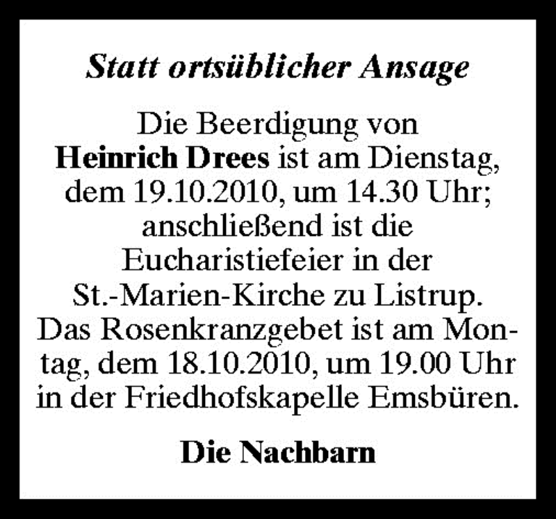  Traueranzeige für Heinrich Drees vom 18.10.2010 aus Neue Osnabrücker Zeitung GmbH & Co. KG