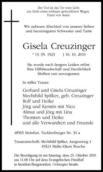 Traueranzeige von Gisela Creuzinger von Neue Osnabrücker Zeitung GmbH & Co. KG