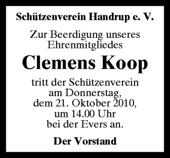 Traueranzeige von Clemens Koop von Neue Osnabrücker Zeitung GmbH & Co. KG