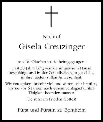 Traueranzeige von Gisela Creuzinger von Neue Osnabrücker Zeitung GmbH & Co. KG