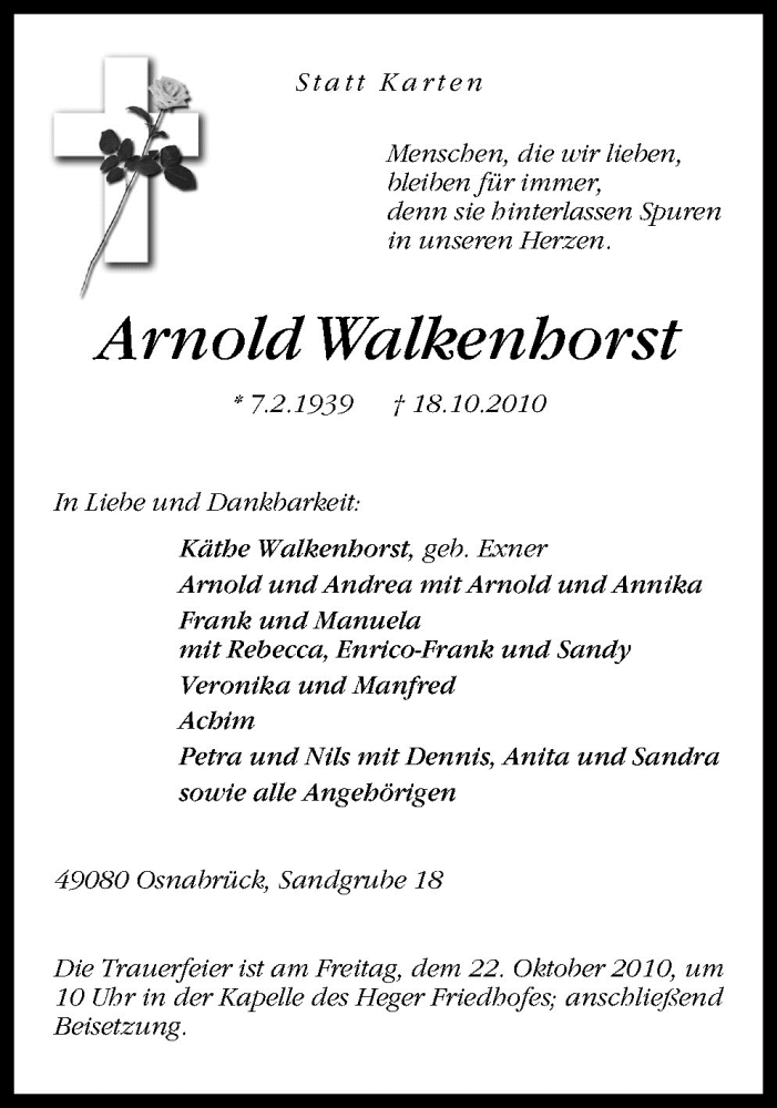  Traueranzeige für Arnold Walkenhorst vom 20.10.2010 aus Neue Osnabrücker Zeitung GmbH & Co. KG