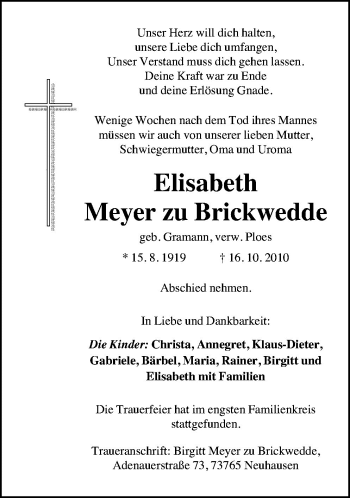 Traueranzeige von Elisabeth Meyer zu Brickwedde von Neue Osnabrücker Zeitung GmbH & Co. KG