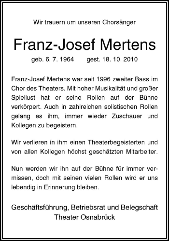 Traueranzeige von Franz-Josef Mertens von Neue Osnabrücker Zeitung GmbH & Co. KG