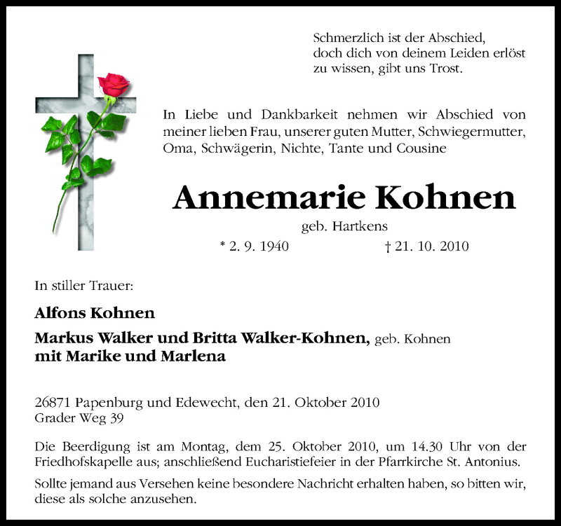  Traueranzeige für Annemarie Kohnen vom 23.10.2010 aus Neue Osnabrücker Zeitung GmbH & Co. KG