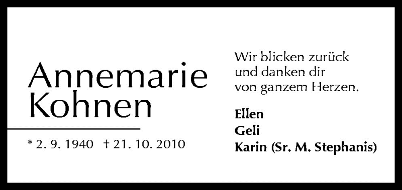  Traueranzeige für Annemarie Kohnen vom 25.10.2010 aus Neue Osnabrücker Zeitung GmbH & Co. KG