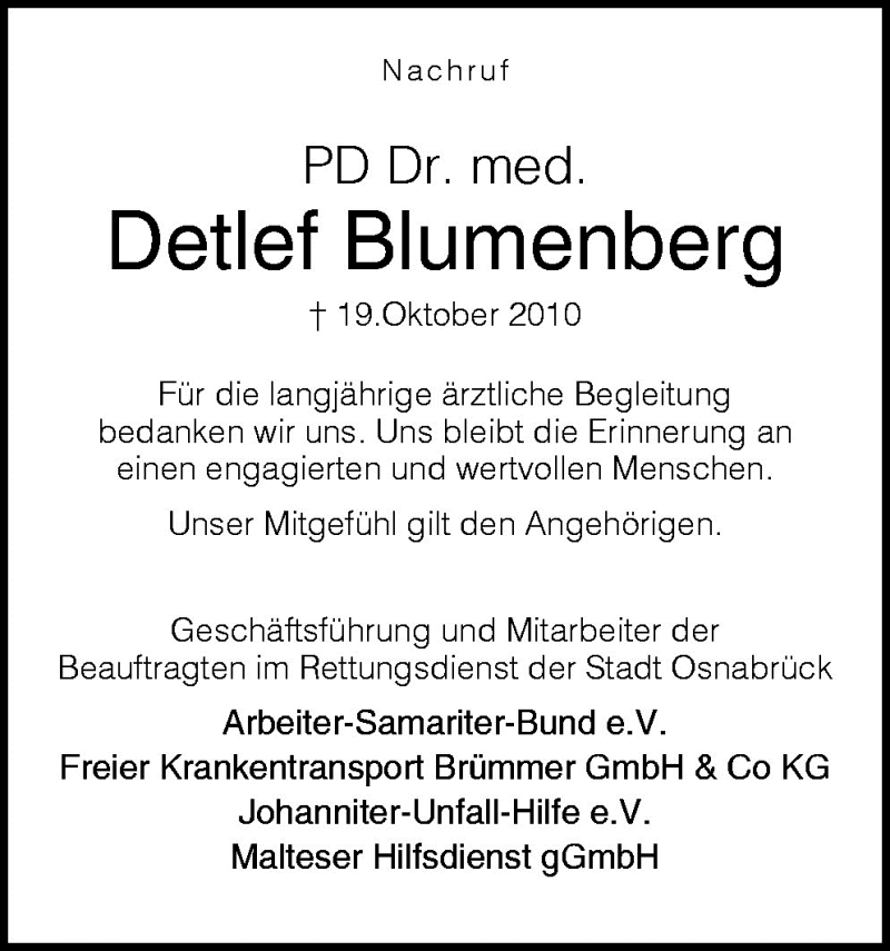  Traueranzeige für Detlef Blumenberg vom 23.10.2010 aus Neue Osnabrücker Zeitung GmbH & Co. KG