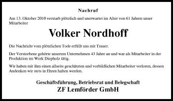 Traueranzeige von Volker Nordhoff von Neue Osnabrücker Zeitung GmbH & Co. KG