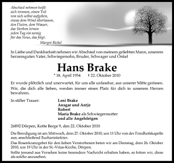 Traueranzeige von Hans Brake von Neue Osnabrücker Zeitung GmbH & Co. KG