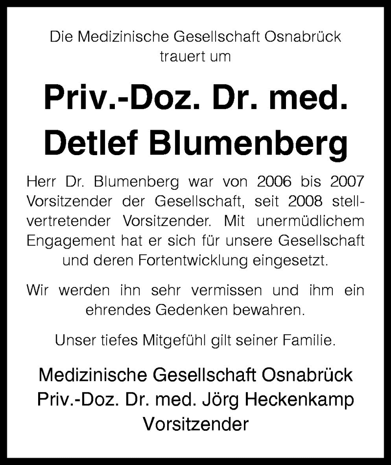  Traueranzeige für Detlef Blumenberg vom 25.10.2010 aus Neue Osnabrücker Zeitung GmbH & Co. KG