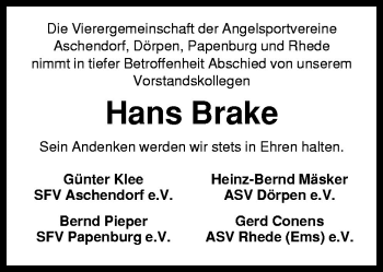 Traueranzeige von Hans Brake von Neue Osnabrücker Zeitung GmbH & Co. KG