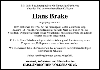 Traueranzeige von Hans Brake von Neue Osnabrücker Zeitung GmbH & Co. KG