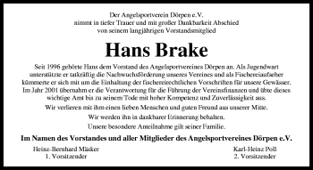 Traueranzeige von Hans Brake von Neue Osnabrücker Zeitung GmbH & Co. KG