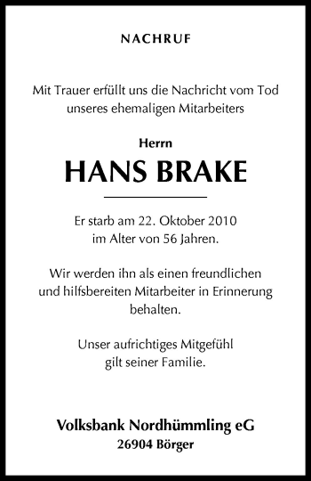 Traueranzeige von Hans Brake von Neue Osnabrücker Zeitung GmbH & Co. KG