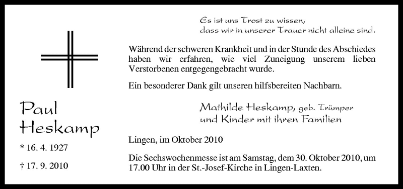  Traueranzeige für Paul Heskamp vom 27.10.2010 aus Neue Osnabrücker Zeitung GmbH & Co. KG