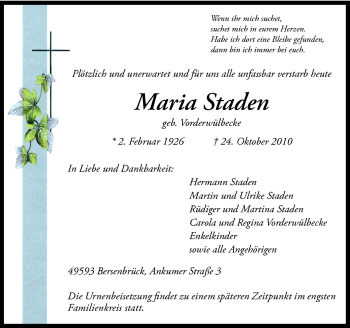 Traueranzeige von Maria Staden von Neue Osnabrücker Zeitung GmbH & Co. KG