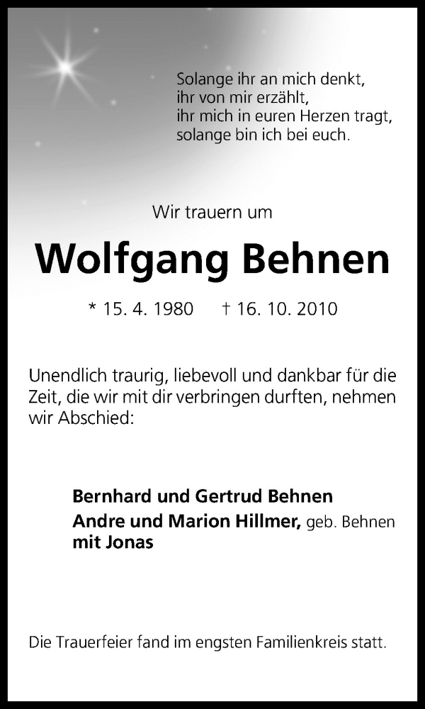  Traueranzeige für Wolfgang Behnen vom 30.10.2010 aus Neue Osnabrücker Zeitung GmbH & Co. KG
