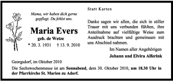 Traueranzeige von Maria Evers von Neue Osnabrücker Zeitung GmbH & Co. KG