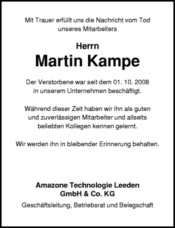 Traueranzeige von Martin Kampe von Neue Osnabrücker Zeitung GmbH & Co. KG