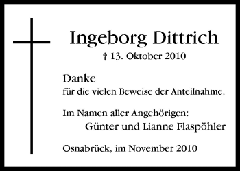 Traueranzeige von Ingeborg Dittrich von Neue Osnabrücker Zeitung GmbH & Co. KG