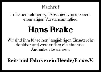 Traueranzeige von Hans Brake von Neue Osnabrücker Zeitung GmbH & Co. KG