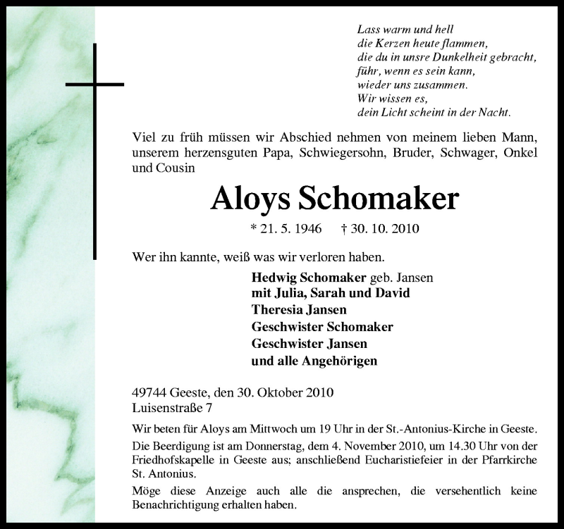  Traueranzeige für Aloys Schomaker vom 02.11.2010 aus Neue Osnabrücker Zeitung GmbH & Co. KG