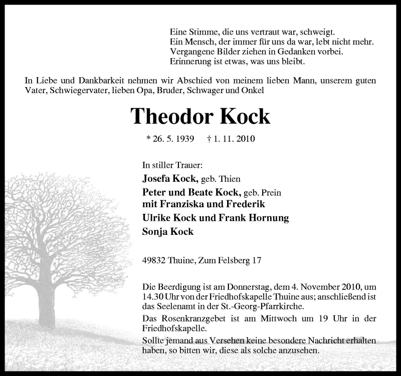  Traueranzeige für Theodor Kock vom 03.11.2010 aus Neue Osnabrücker Zeitung GmbH & Co. KG